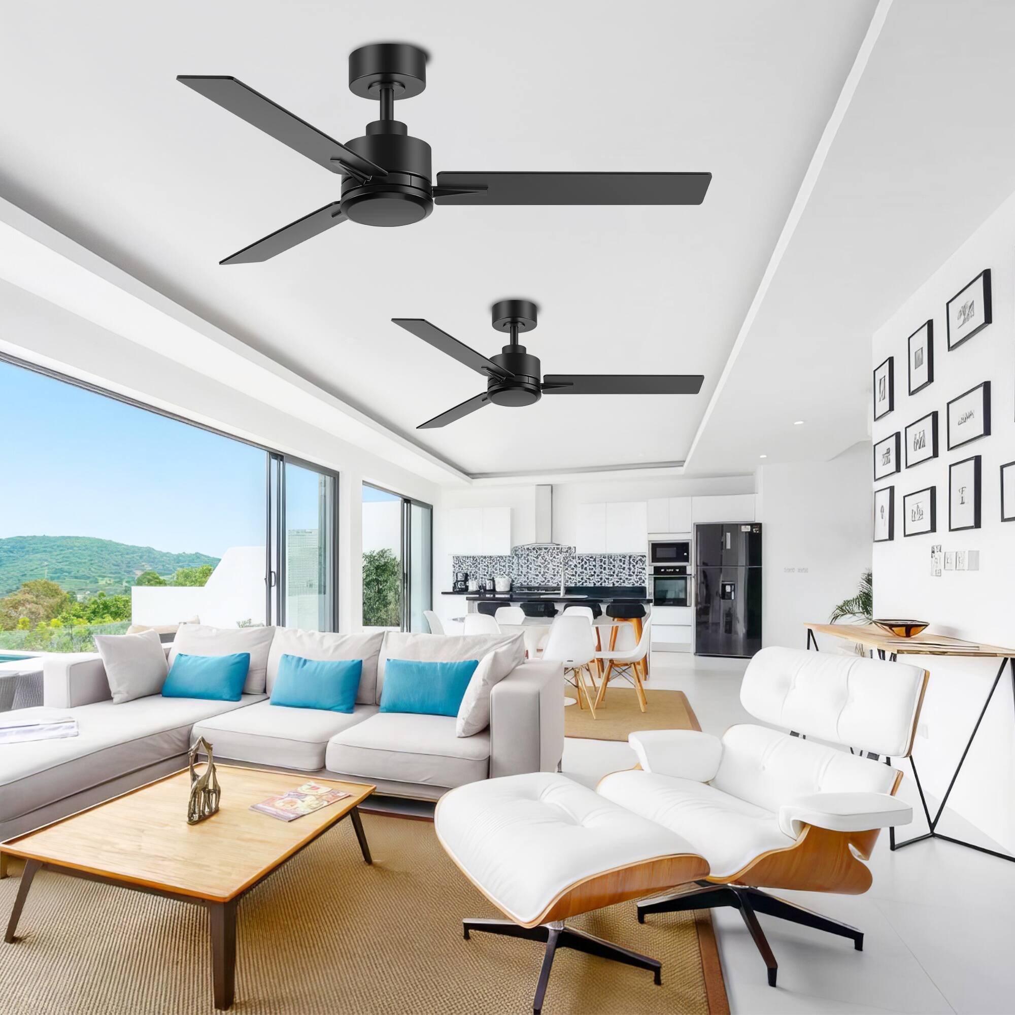 Left. Breezary - 48-Inch Indoor Ceiling Fan with Remote, 3 Plywood Blades, 6-Speed DC Motor, 5'' Downrod, LED/No Light, Single or 2-Pack - Black-2 Pack (Without Light).