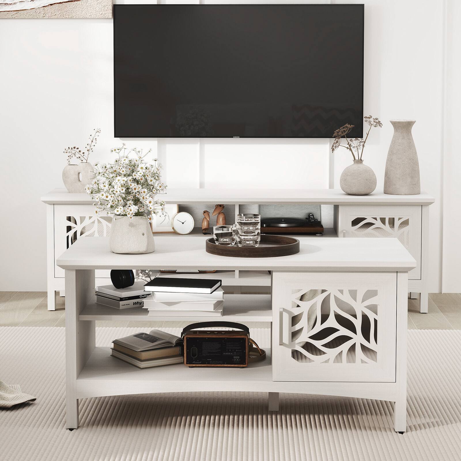 Left. Bestier - Coffee Table with Mirror Decorative Doors, Adjustable Shelves and Dual Side Storage Design - white.