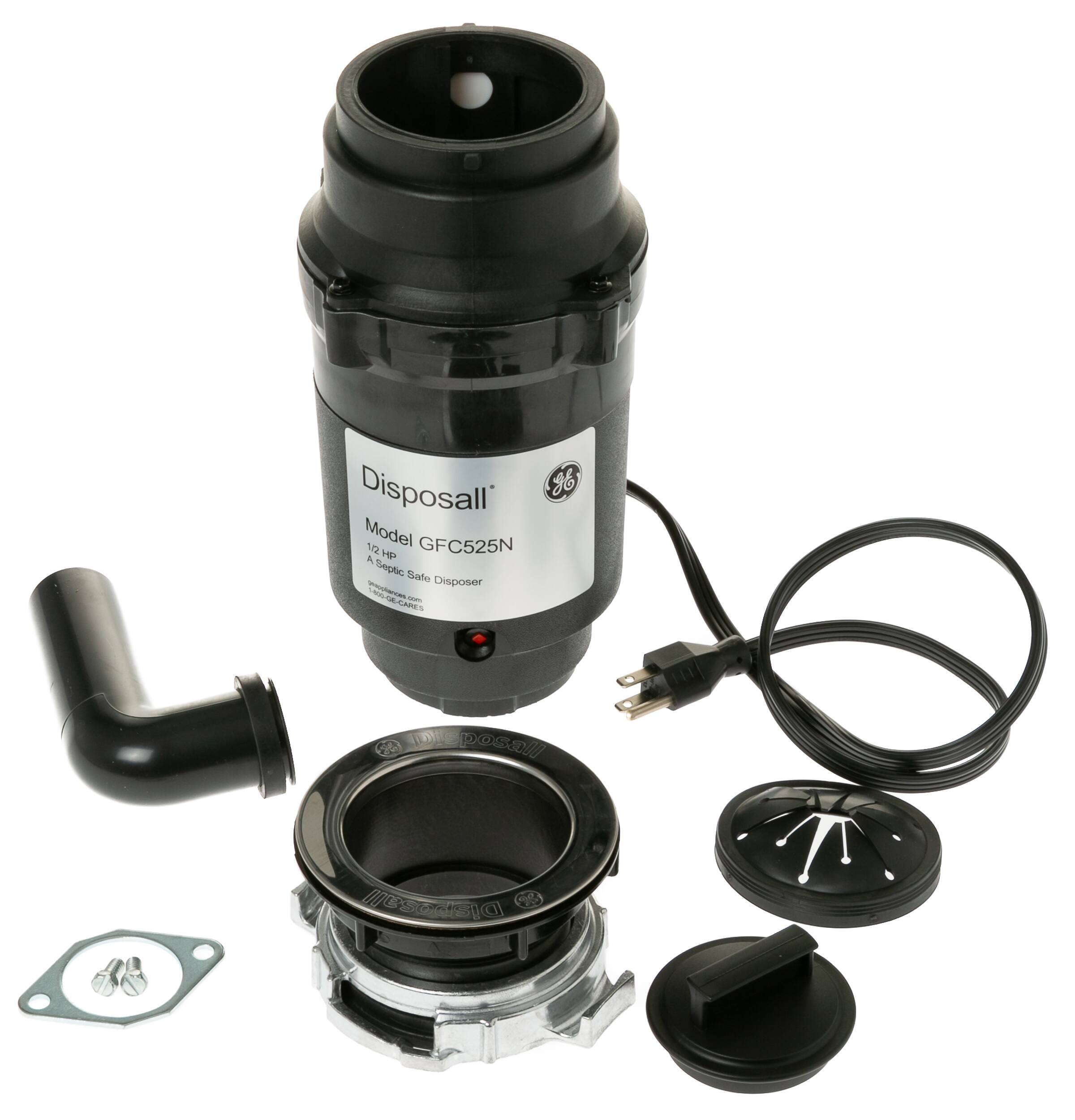 The image features a black and silver Disposall Model 172 GFC525N, which is a HP Septo Safe Disposer. The disposer is accompanied by a black pipe, a black lid, and a black plug. The disposer is designed for safe disposal of waste, and the various parts are laid out on a white background.