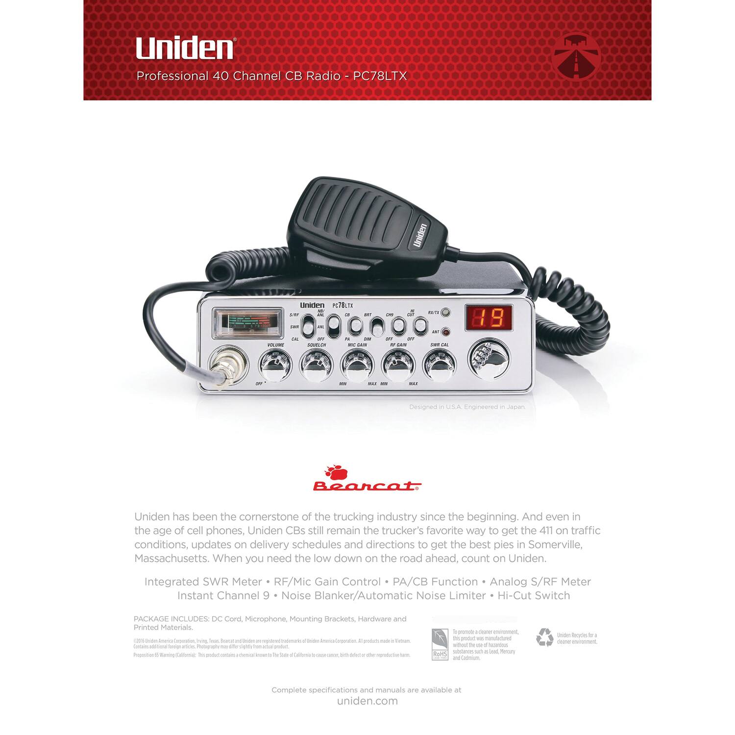 Uniden Bearcat 40 Channel CB Radio with SWR Meter PC78LTX Black