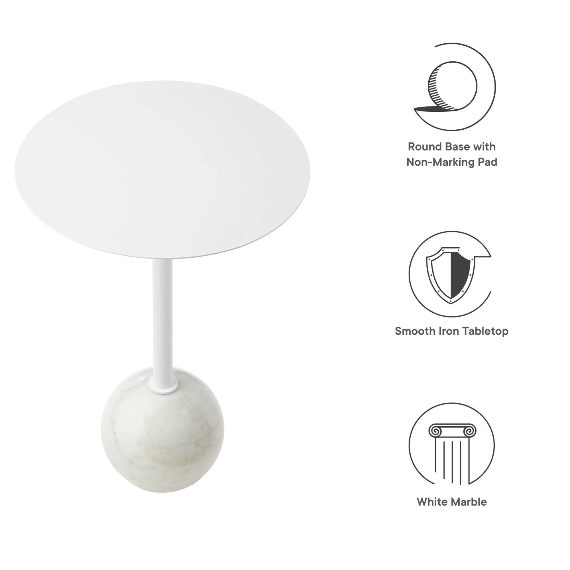 - Round Base with Non-Marking Pad
- Smooth Iron Tabletop
- White Marble