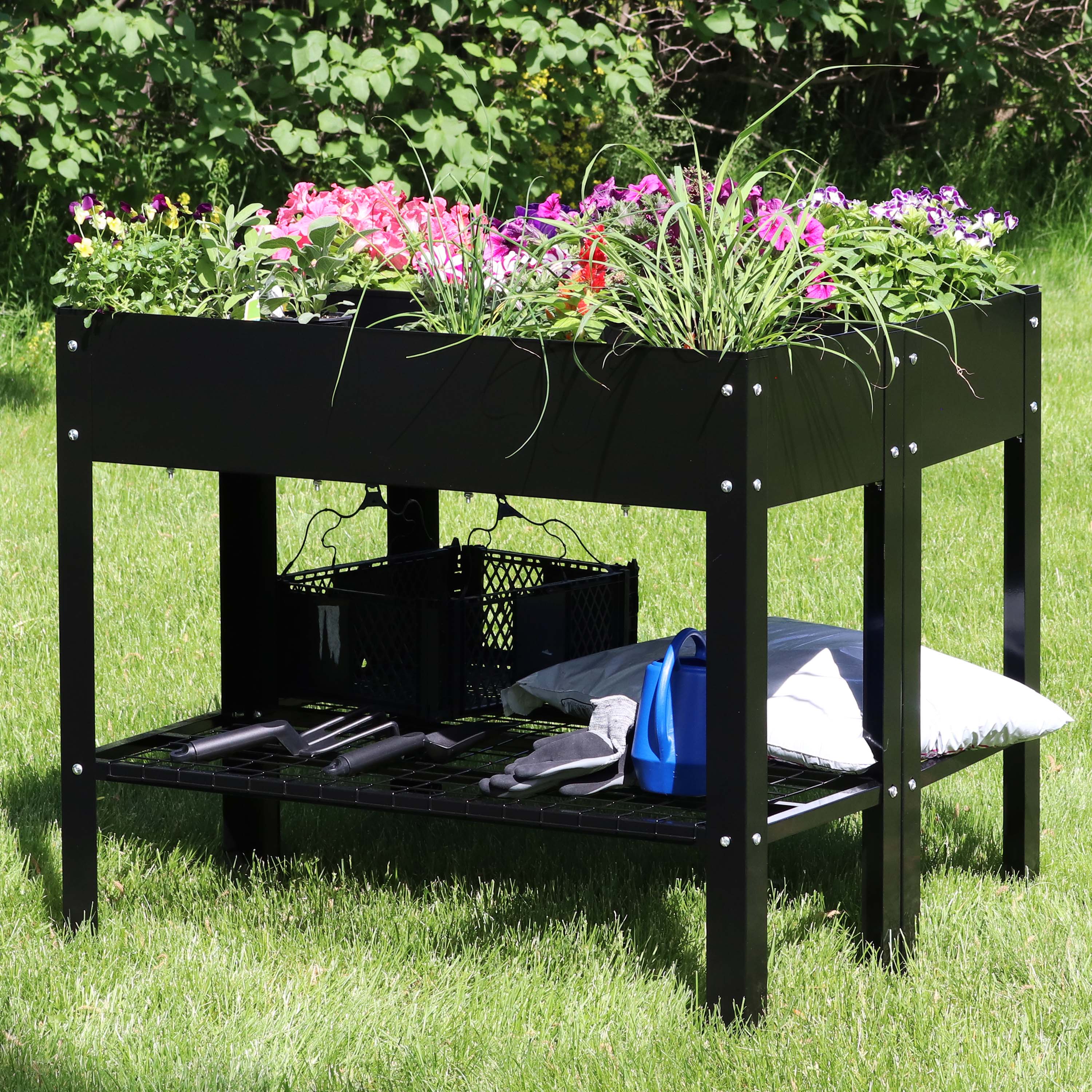 Alt View 1. Sunnydaze - Galvanized Steel Raised Bed with Mesh Shelf - Set of 2 - Black.