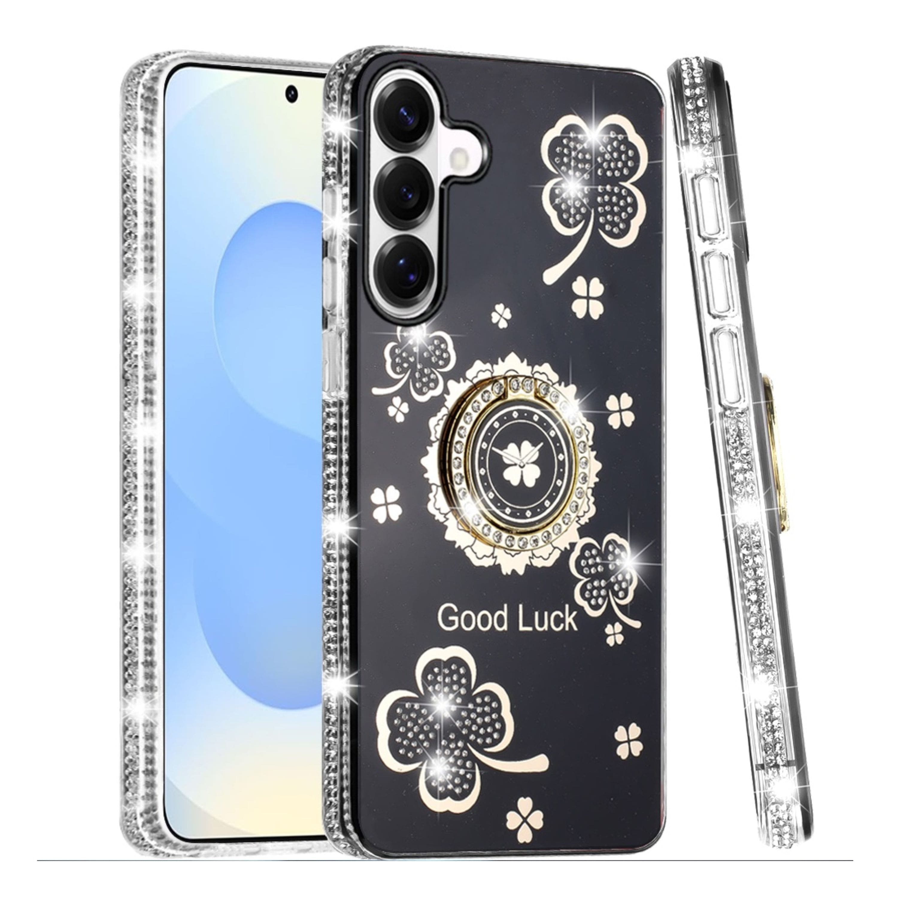 Kitcheniva - Crystal Studded Ring Stand Bling Phone Case With Tempered Glass For Samsung Galaxy S25/S24 - Black price history on PriceWatchPro