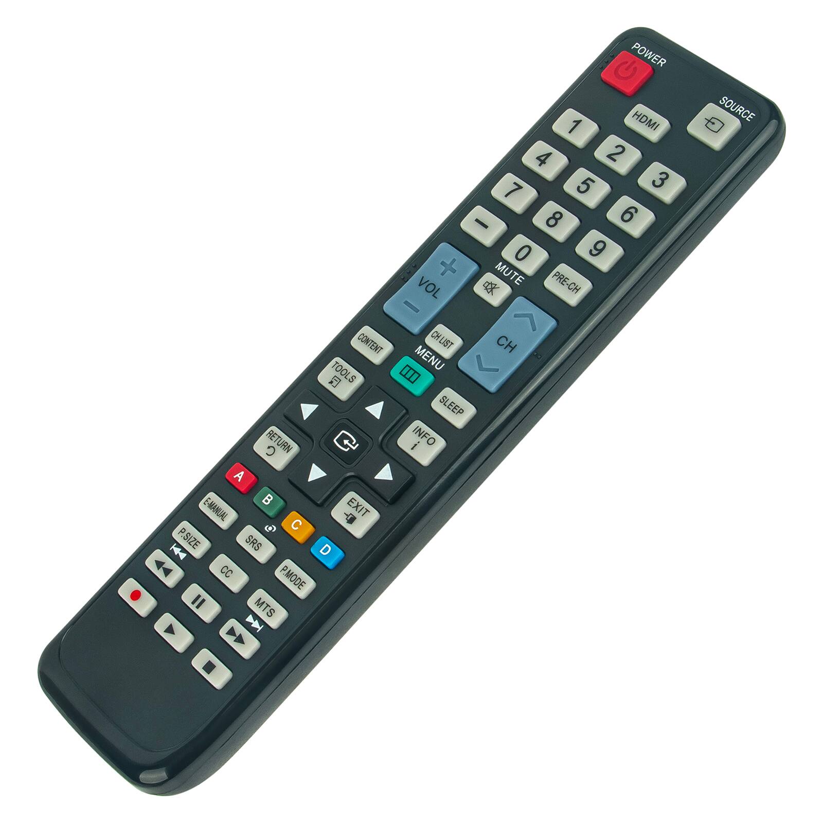 POWER  
1 HDMI 4 2 5 3 7 - 8 6 0 9 + MUTE VOL x PRE-CH SOURCE CONTENT CH LIST TOOLS MENU  
SLEEP RETURN i INFO  
A E-MANUAL EXIT a C P.SIZE SRS D H4 CC PMODE I MTS D CH