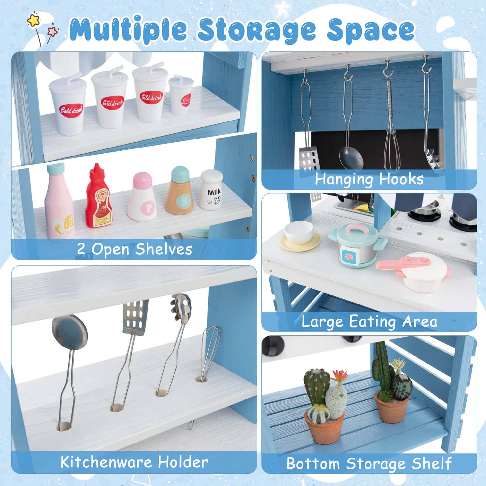 Multiple Storage Space

- 2 Open Shelves
- Hanging Hooks
- Kitchenware Holder
- Large Eating Area
- Bottom Storage Shelf