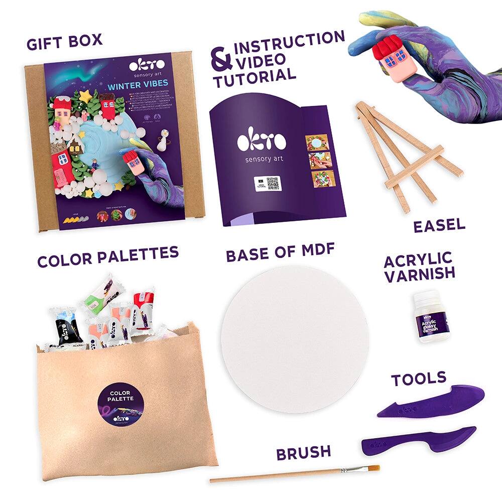 GIFT BOX  
okro sensory art  
WINTER VIBES  

INSTRUCTION & VIDEO TUTORIAL  

COLOR PALETTES  
BASE OF MDF  
EASEL  
ACRYLIC VARNISH  
TOOLS  
BRUSH