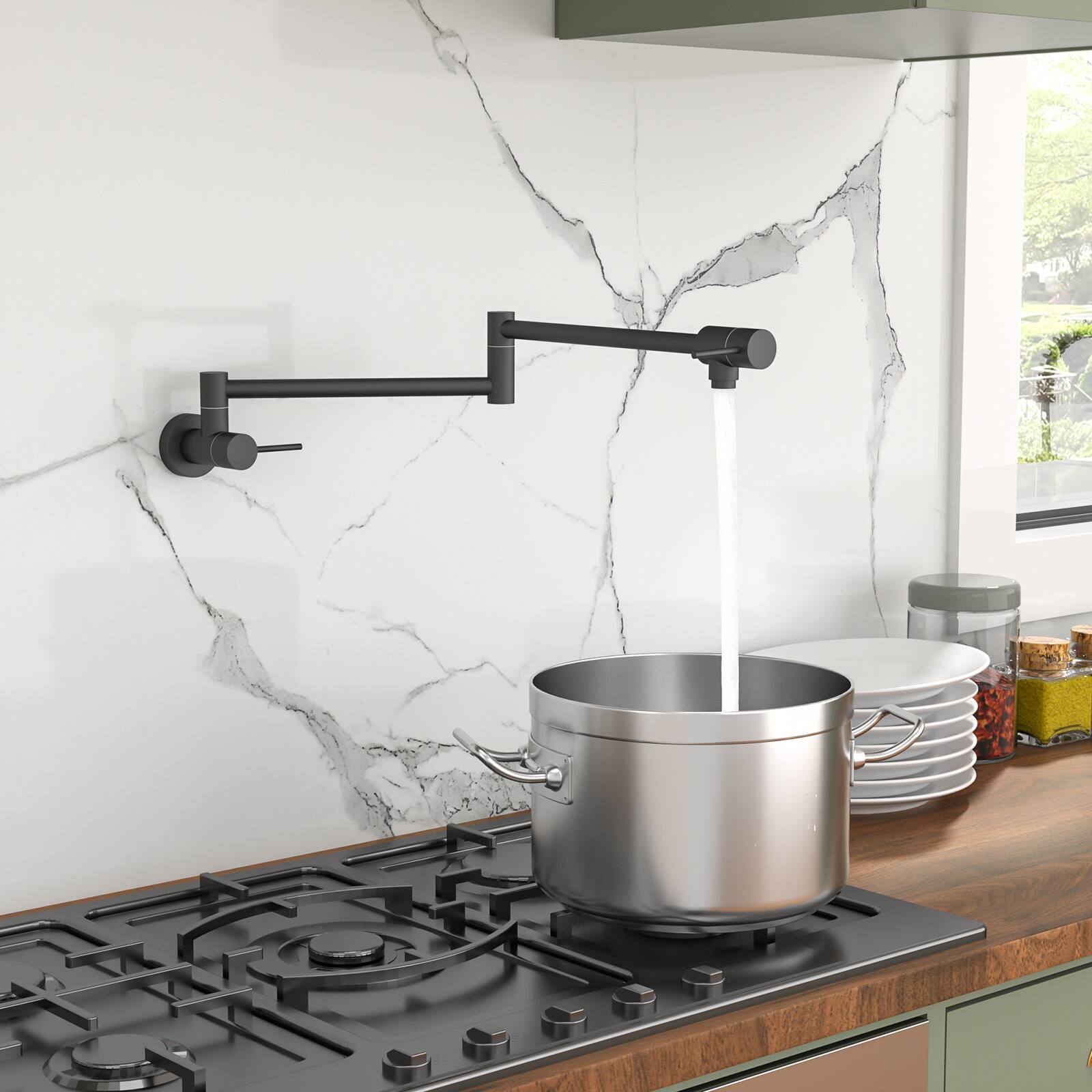 Front. Siljoy - Pot Filler Faucet - Wall Mount Kitchen Sink Faucet Folding Stretchable with Single Hole Two Handles, Matte Black - Matte Black.