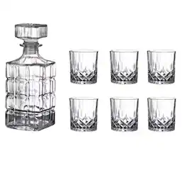 Kitcheniva - 25 oz Square Pattern Glass Whiskey Decanter Set with Stopper - Includes 6 Glasses (7.4 oz) - Clear