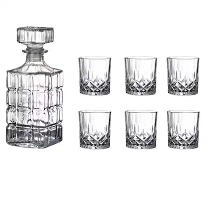 Front. Kitcheniva - 25 oz Square Pattern Glass Whiskey Decanter Set with Stopper - Includes 6 Glasses (7.4 oz) - Clear.