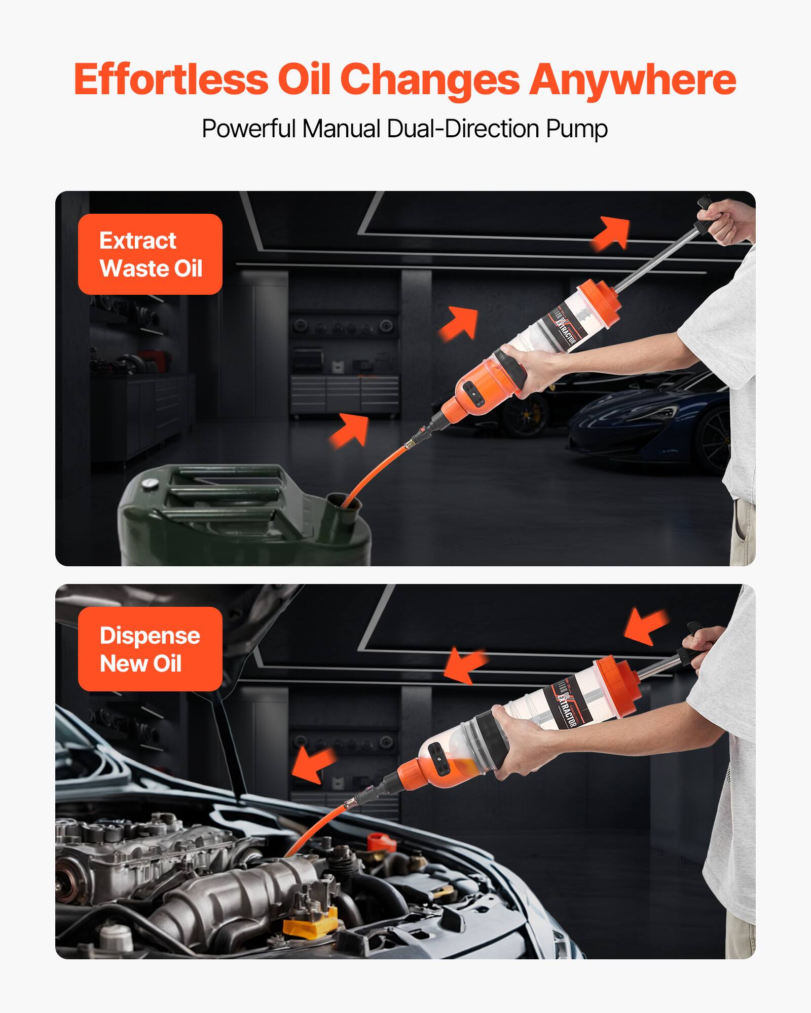 Effortless Oil Changes Anywhere  
Powerful Manual Dual-Direction Pump  

Extract Waste Oil  
Dispense New Oil