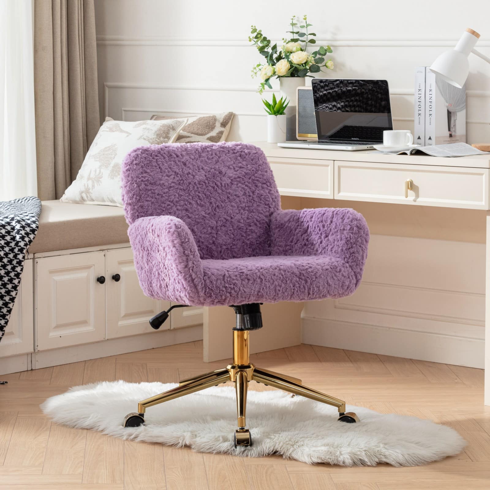 Z-Edge - Modern Home Office Desk Chair with Golden Metal Base, Adjustable Height, 360 Degree Swivel, Smooth-Rolling Wheels - Purple