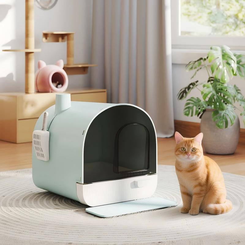 Alt View 2. SKONYON - Fully Enclosed Cat Litter Box with Drawer - Green.