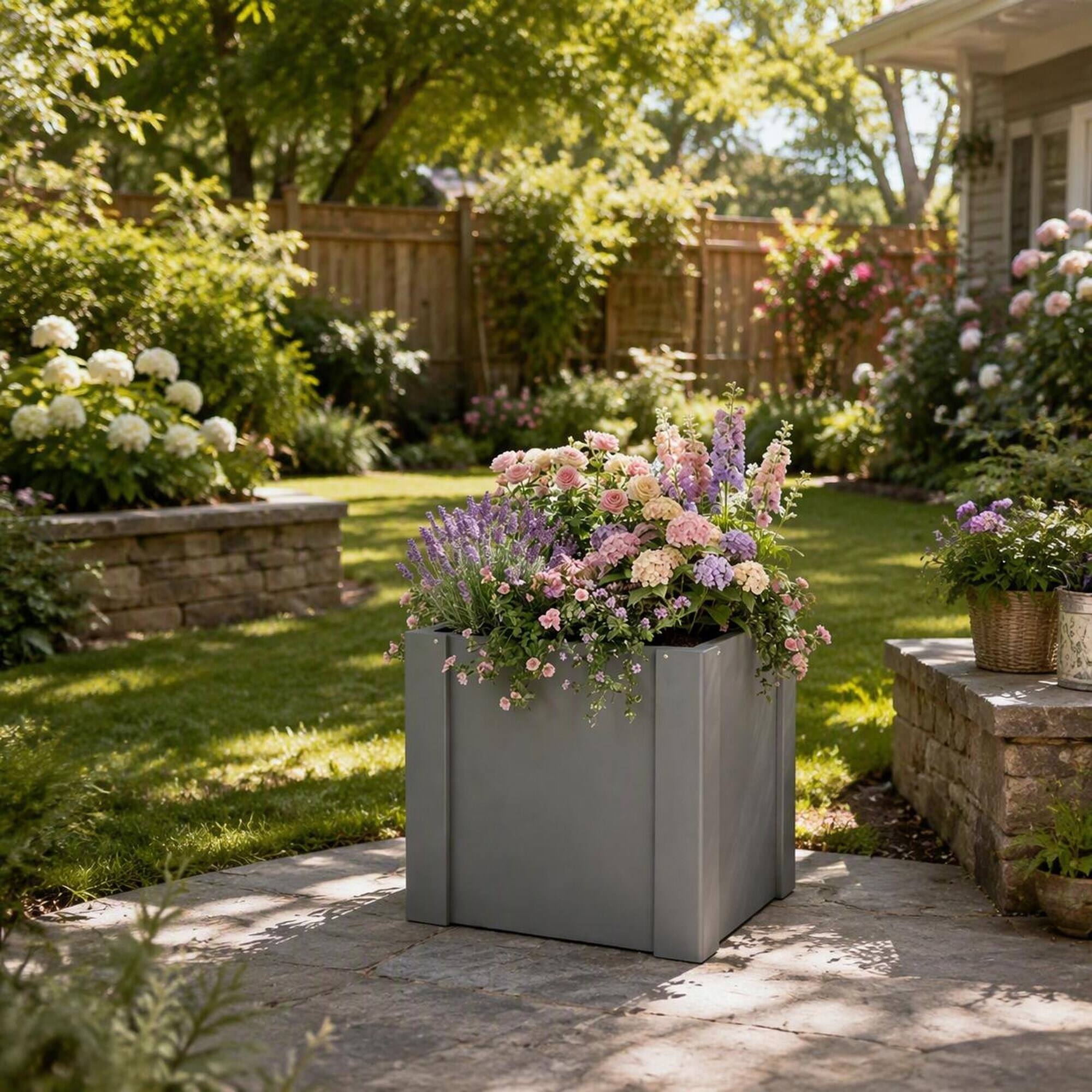 Alt View 2. RYHNUYNE - Elevated Outdoor Planter Box 16.9x16.9x18.1 Inch Galvanized Steel Raised Garden Bed for Patio Balcony Vegetables - Black.
