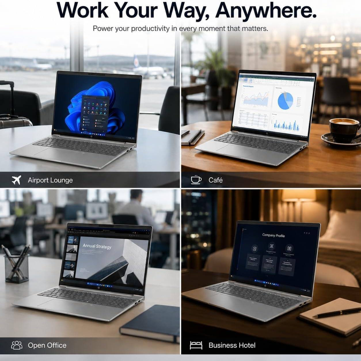 Work Your Way, Anywhere.  
Power your productivity in every moment that matters.

- Airport Lounge
- Café
- Open Office
- Business Hotel