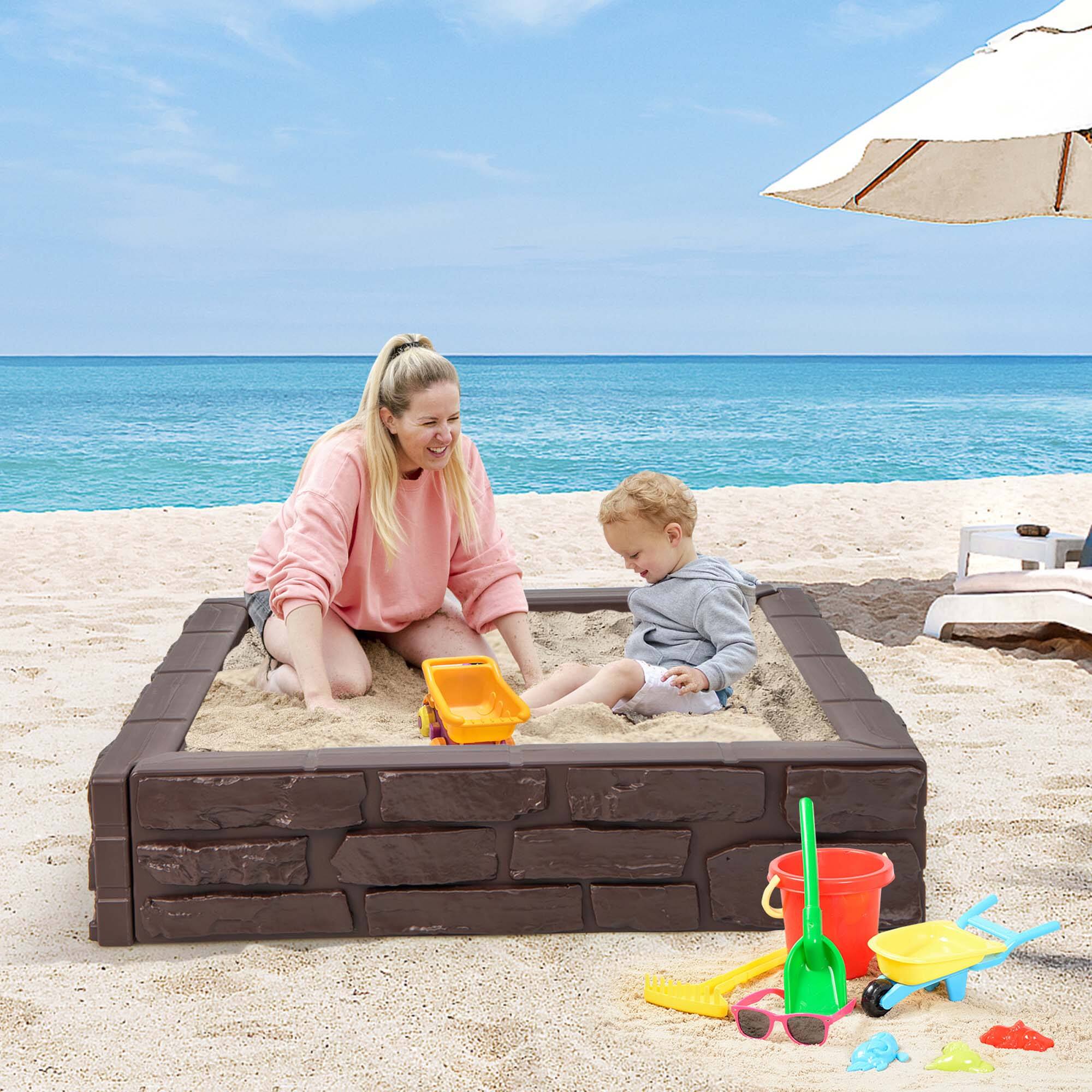 Alt View 1. Costway - Costway Kids Sandbox with Cover Bottom Liner Backyard Beach HDPE Sandpit for Outdoor Play - Brown.