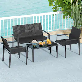 Gymax - 4 PCS Patio Furniture Set Heavy Duty Galvanized Metal Frame Wicker Table - Black