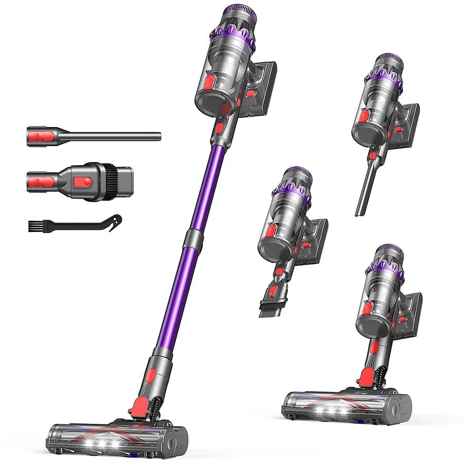 FEPPO - 70Mins Cordless Vacuum Cleaner, Stick Vacuum with Anti-Tangle, Self-Standing Design for Hardwood Floors/Carpets/Pet Hair - Purple