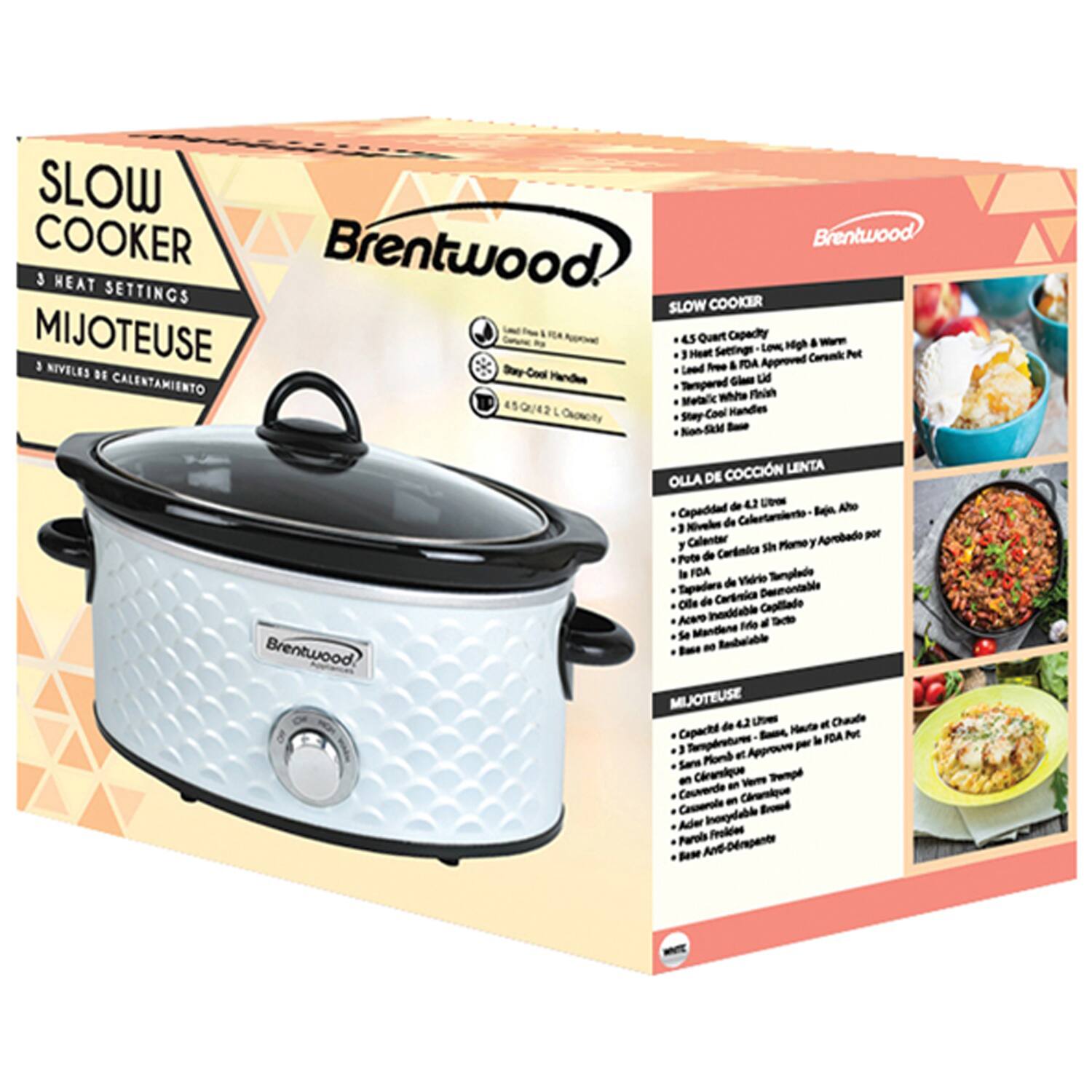Sure, here is the corrected and grouped text from the image:

---

**SLOW COOKER**

**Brentwood**

**3 HEAT SETTINGS**

**MIJOTEUSE**

**3 NIVELES DE CALIENTAMIENTO**

**4.5 QUART CAPACITY**

**WT Love Migh a 3 Heat Settings Caramic Pet a Loed foee & PDA Approved**

**NIVELES DE Suy-Goo Hande Le CALENTAMIENTO Tempared Glam Wetalic White Fin 450/42 CAoNcity Stay-Cool Kandles Koo-SM**

**Brentwood**

**COCCIN LENTA OLLA DE 4.5 QT**

**Ahe Cxpaddad Galentamiento Bejn Nivelue de 3 Calenter Aprobado por y Si Plamo y Pute de Carnics la FOA Turplade de Vidro Supaders Desmonttable Oe de Carbomica Insddable Capillado Acero Me a Sdte Se Mandlena Bme**

**Rmbalable MUJOTEUSE de La U Haute - Chaude Cxpach le FOA Aot 3 Tamdratures #t