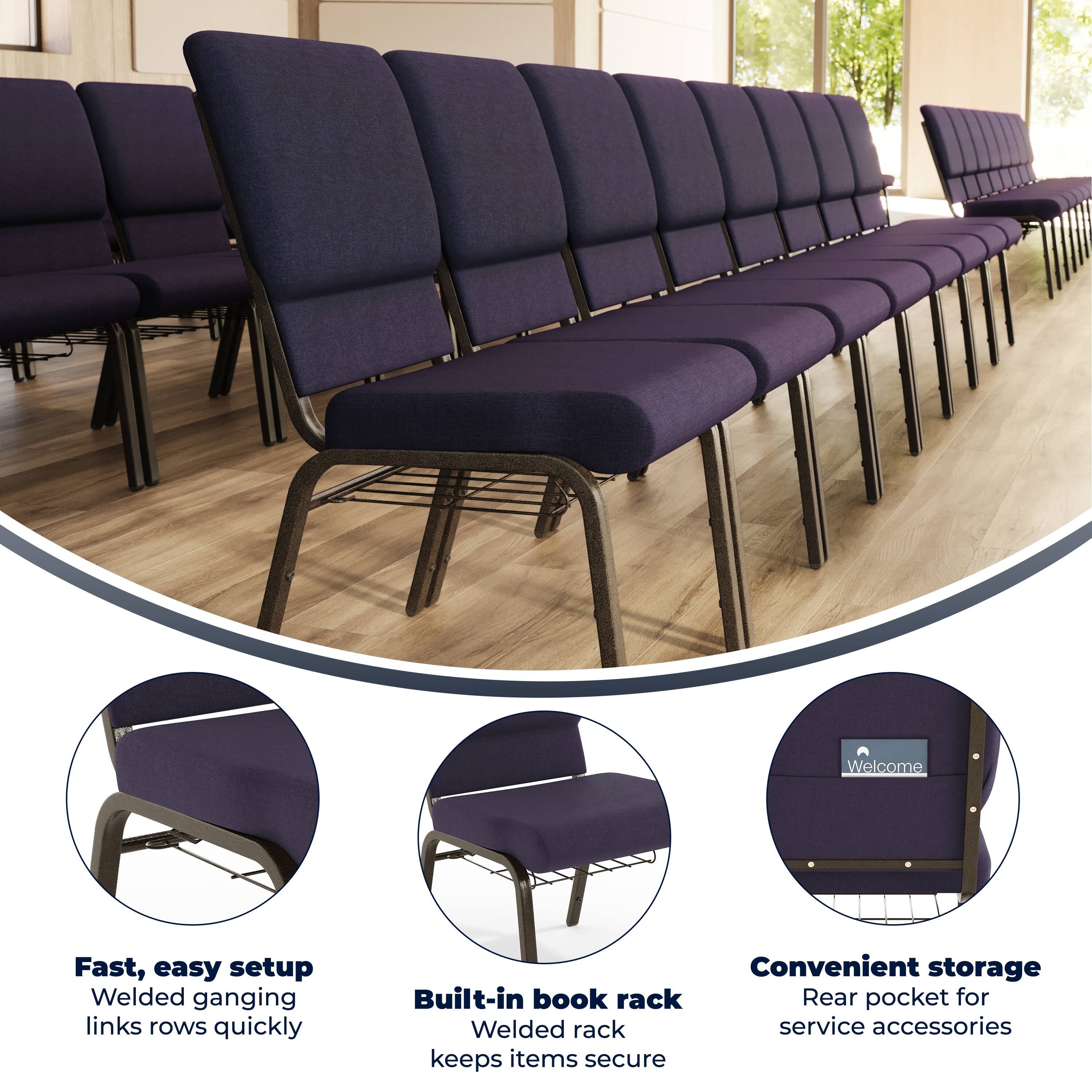 Welcome

Fast, easy setup  
Welded ganging links rows quickly

Built-in book rack  
Welded rack keeps items secure

Convenient storage  
Rear pocket for service accessories
