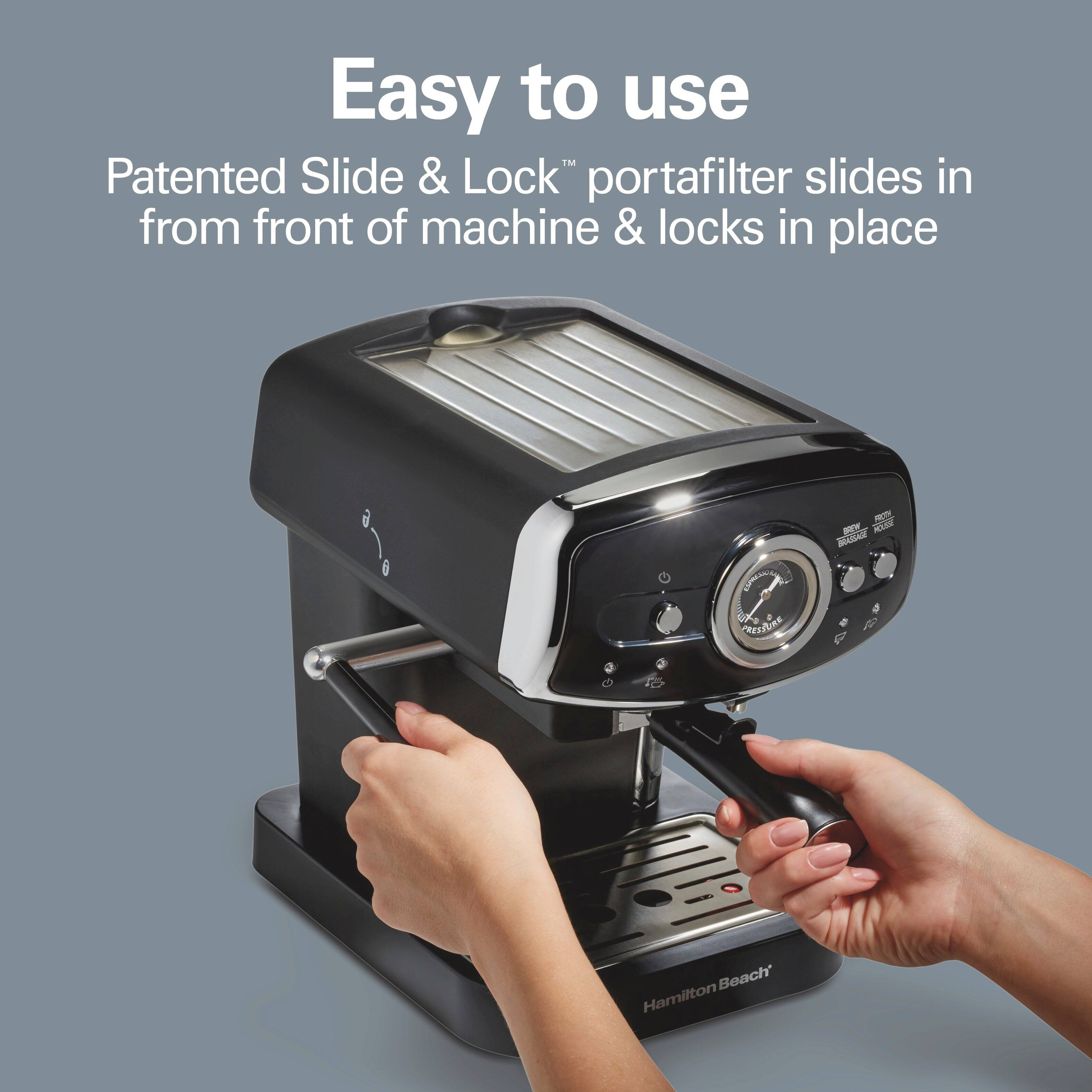 Easy to use  
Patented Slide & Lock™ portafilter slides in from front of machine & locks in place  

ESHREASIL TELLESSEE NEULIRE  
ESCH BREW POUSE BRASSAGE  

Beach' Hamilton