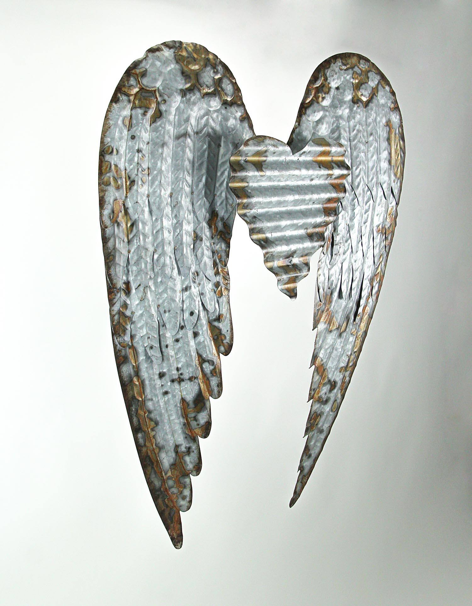 Alt View 1. Zeckos - Rustic Galvanized Stamped Metal Art Angel Wings Heart Decorative Wall Sculpture - Grey.