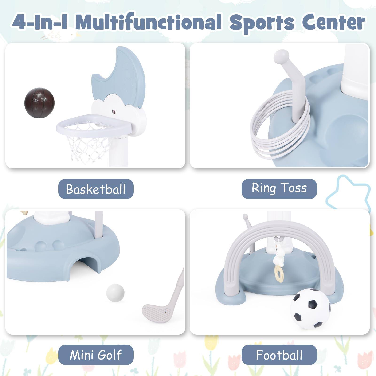 4-In-1 Multifunctional Sports Center

- Basketball
- Ring Toss
- Mini Golf
- Football