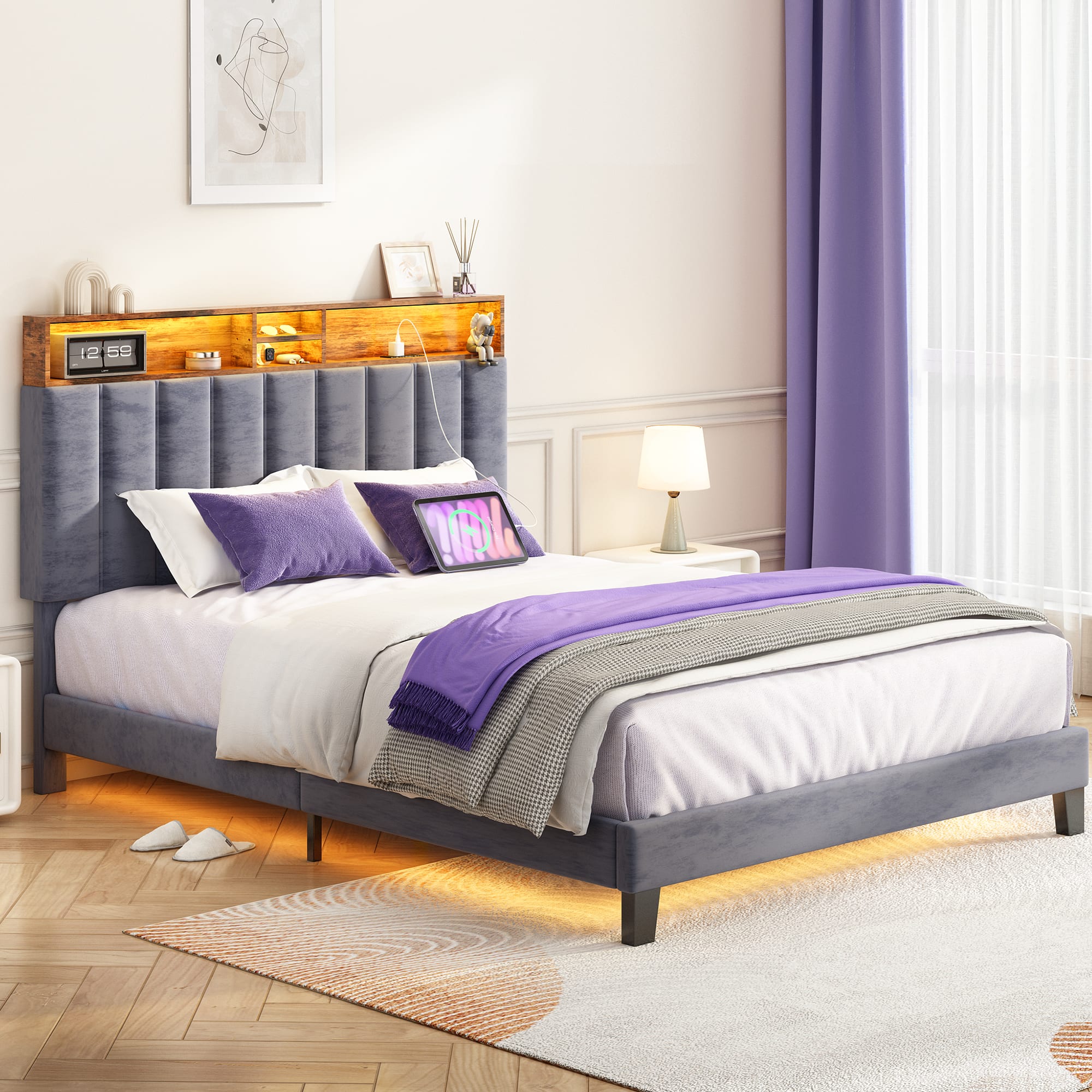 Front. Sersper - Sersper Multifunctional LED Storage Full Bed Frame with Charging Ports,Gray - Gray.