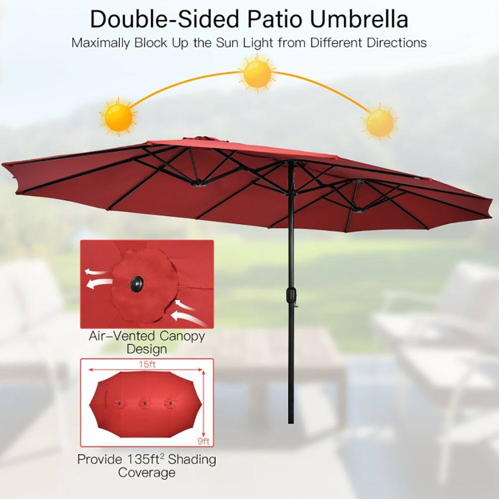Double-Sided Patio Umbrella  
Maximally Block Up the Sun Light from Different Directions  

Air-Vented Canopy Design  

15ft x 9ft  
Provide 135ft² Shading Coverage