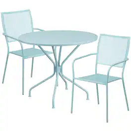 Emma + Oliver - Commercial Grade 35.25" Round Metal Garden Patio Table Set, 2 Square Back Chairs - Sky Blue