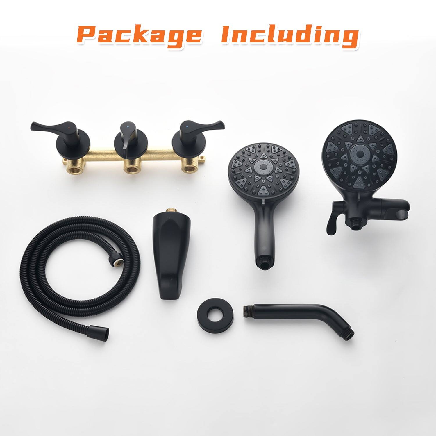 Package Including

- Showerhead
- Handheld showerhead
- Hose
- Wall mount
- Faucet aerator
- Faucet adapter
- Drain cover
