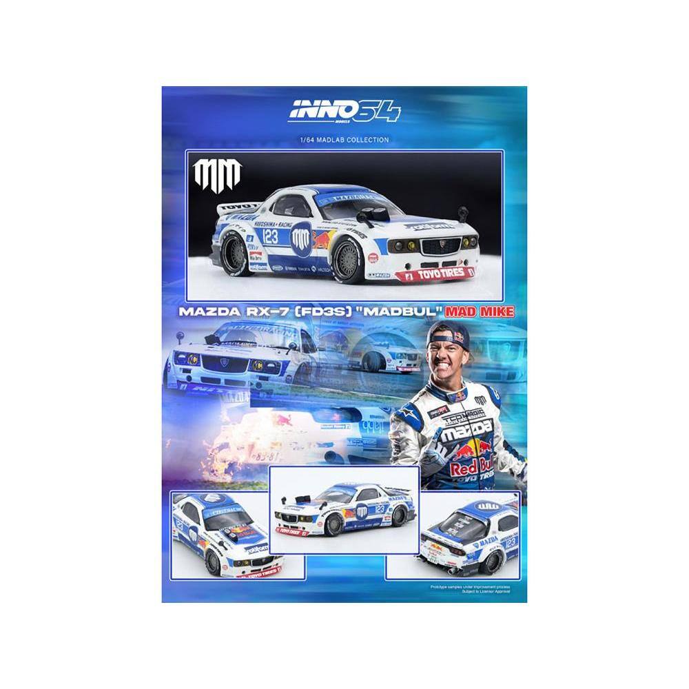 INNO54  
1/64 MADLAB COLLECTION  

MAZDA RX-7 (FD3S) "MADBUL" MAD MIKE  

TOYO TIRES  

123  

Red Bull  

MADLAB  

MAD MIKE  

18-28 CUD  

MAZDA 23