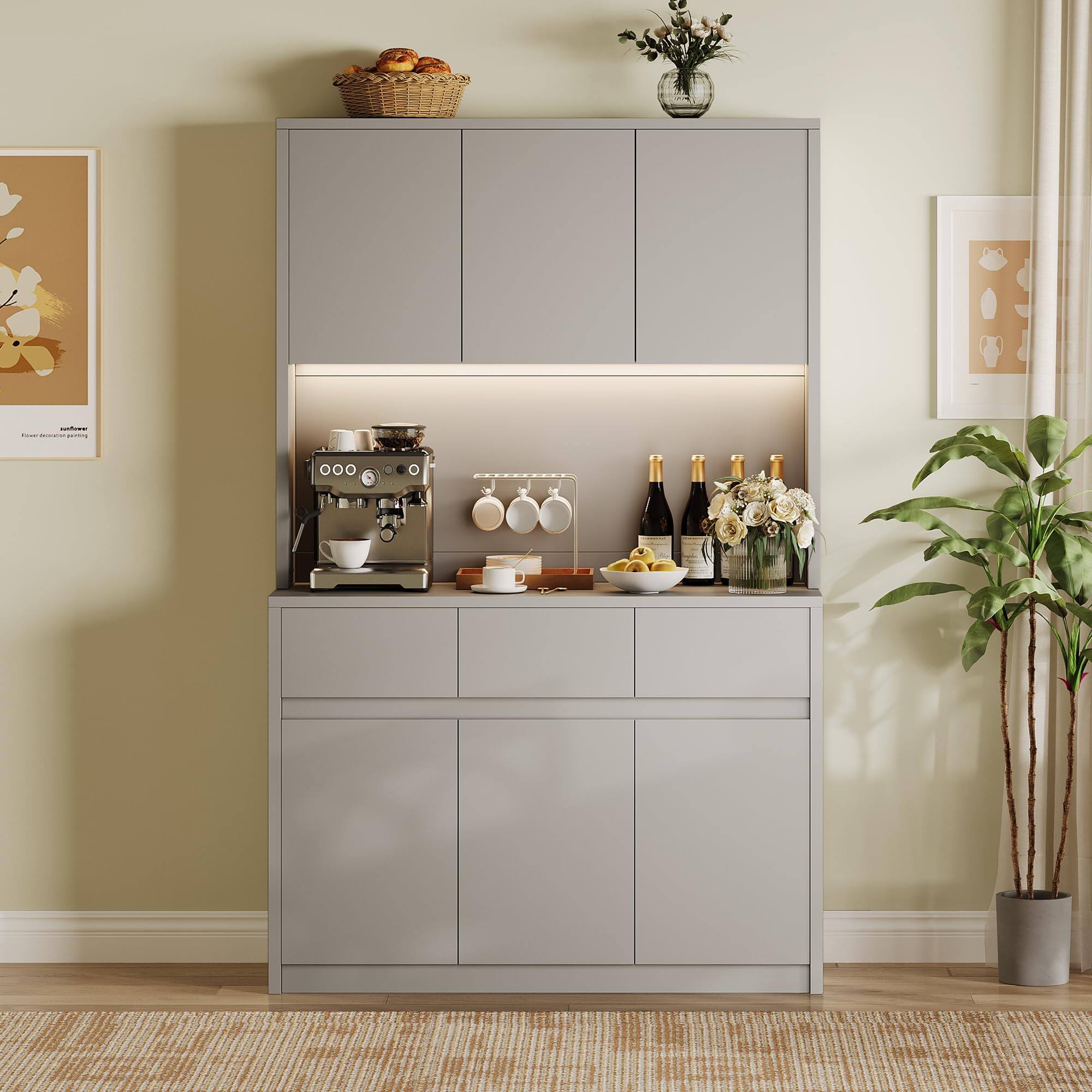 Left. Homhougo - 71" Tall Kitchen Pantry Cabinet, Kitchen Hutch Storage Cabinet with Led Lights and Power Outlets - Grey.