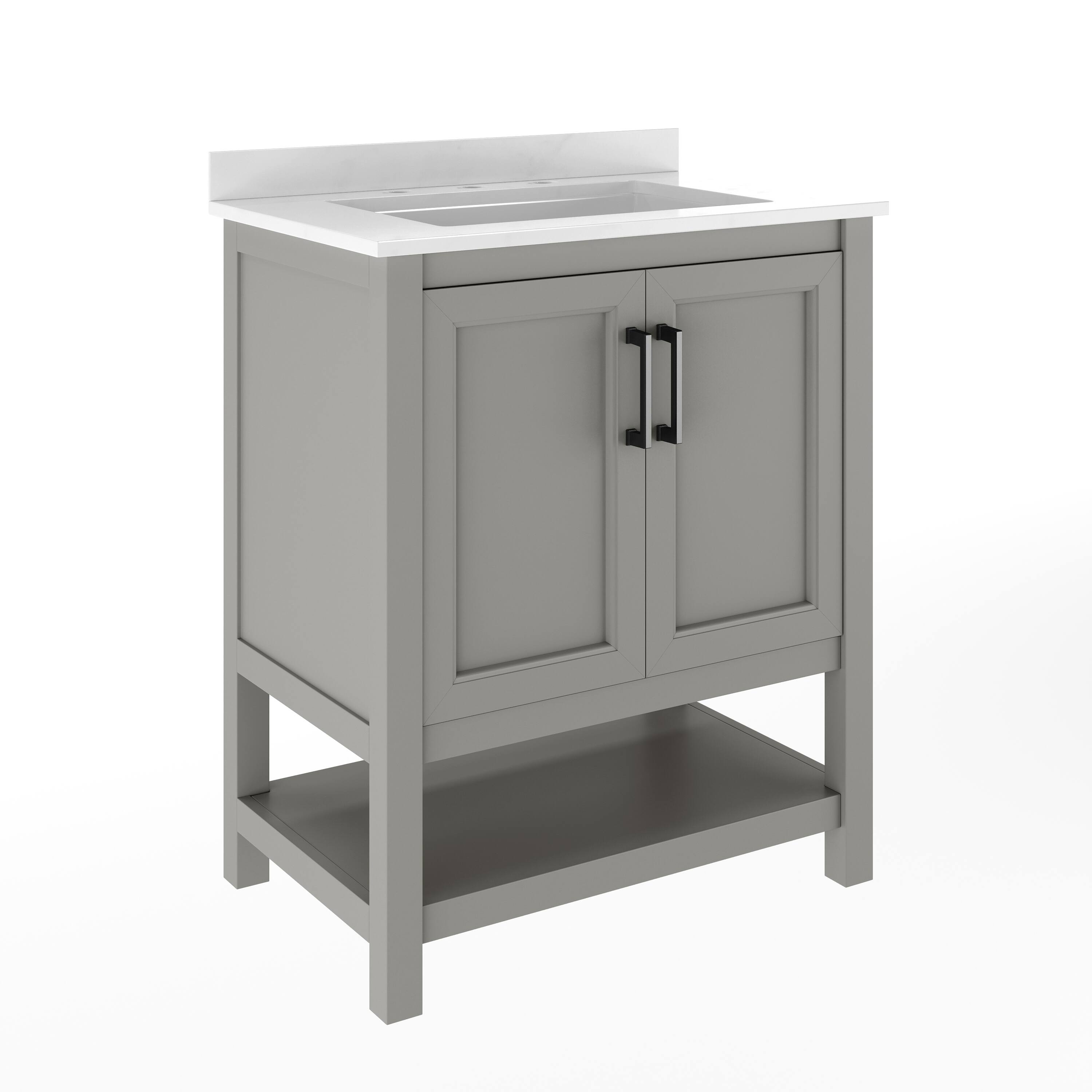 Alt View 1. Emma + Oliver - Vesta Bathroom Vanity, Single Sink Cabinet with 2 Soft Close Doors and Open Shelf, Carrara Marble Finish Countertop - Gray Frame/Black Hardware.