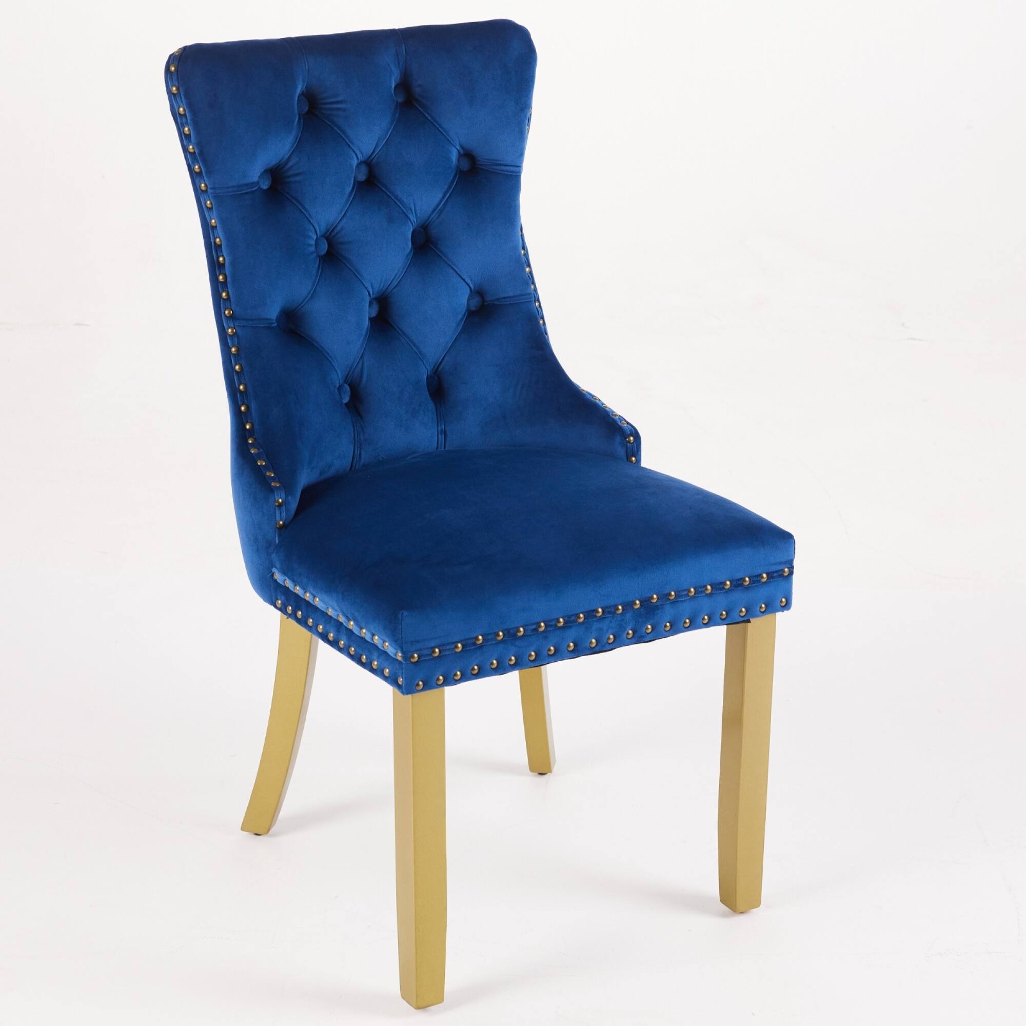 Back. GOODSILO - Modern Tufted Velvet Dining Chairs with Lion Head Pull Rings and Golden Wooden Legs, Set of 2 - Blue.