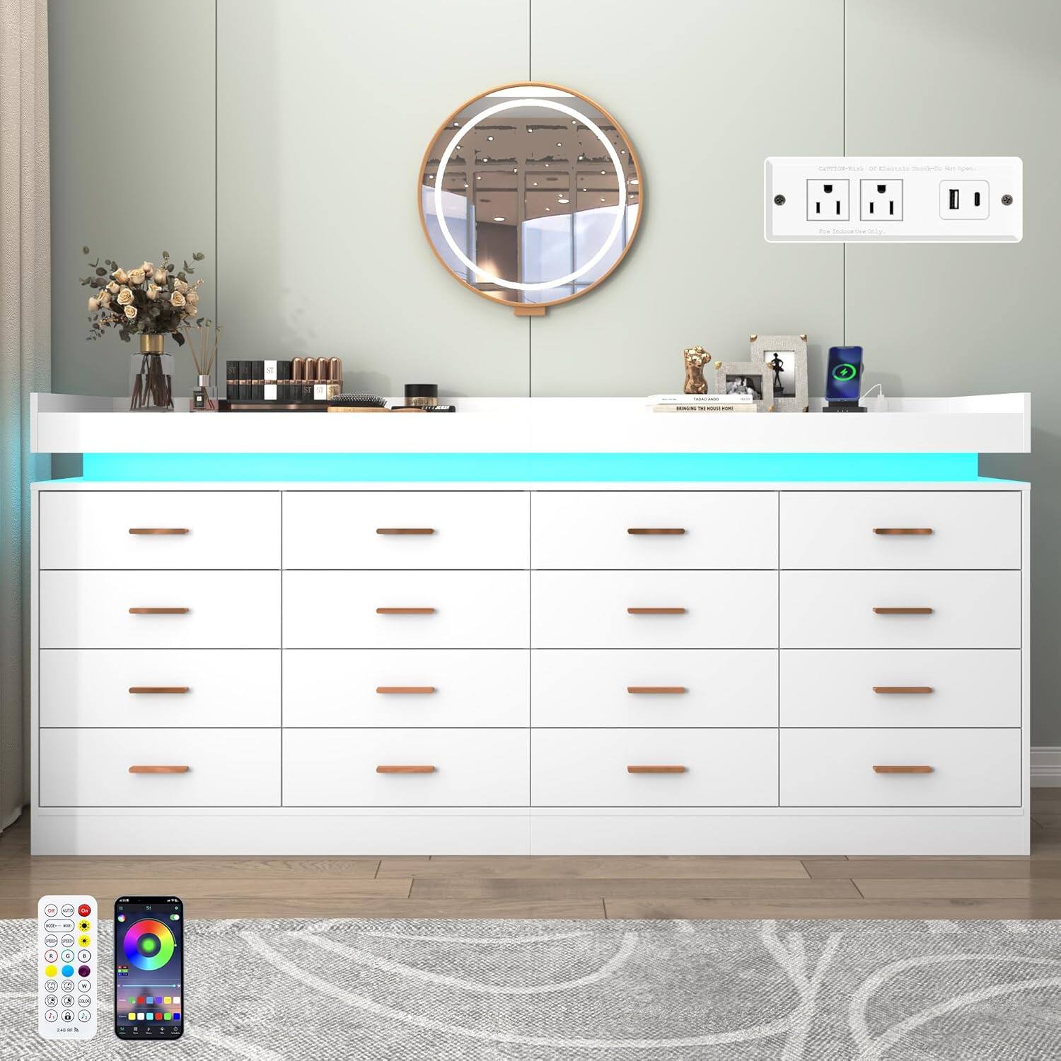 Angle. Espafurni - 16 - Drawer Dresser with LED Light & Charging Station - Modern Chest for Bedroom, Living Room, Entryway & Hallway - White.