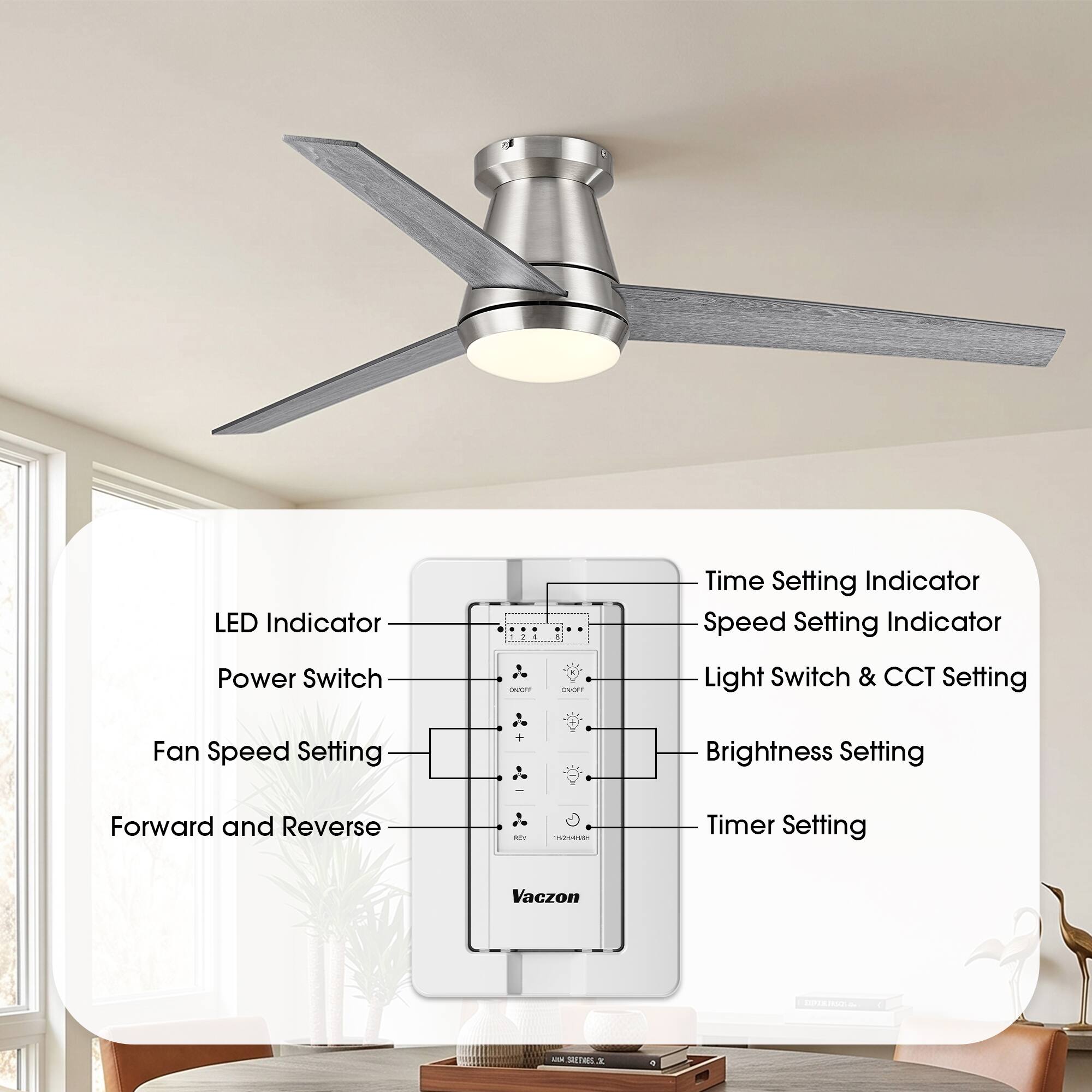 LED Indicator  
Power Switch  
Fan Speed Setting  
Forward and Reverse  
Time Setting Indicator  
Speed Setting Indicator  
Light Switch & CCT Setting  
Brightness Setting  
Timer Setting