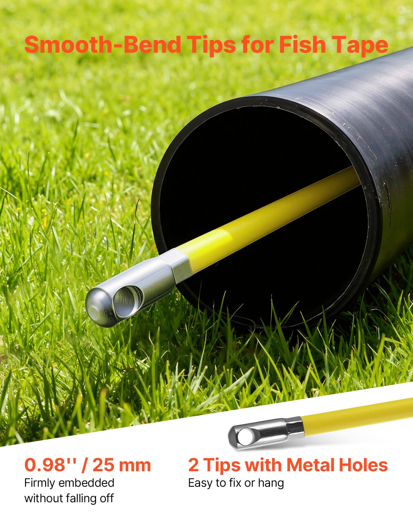 Smooth-Bend Tips for Fish Tape

0.98" / 25 mm  
Firmly embedded without falling off

2 Tips with Metal Holes  
Easy to fix or hang