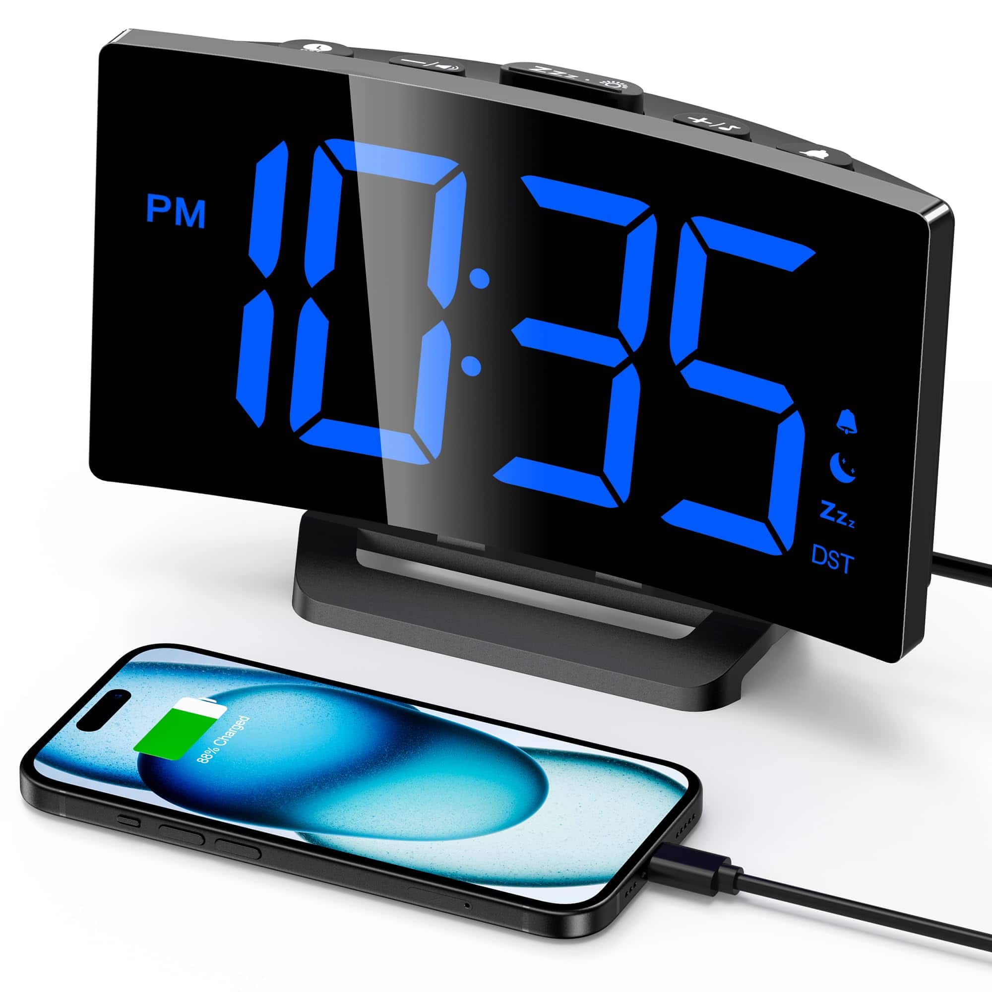 Dazzed Corner - Digital Alarm Clock for Bedrooms, 3 Alarm Tones - Black