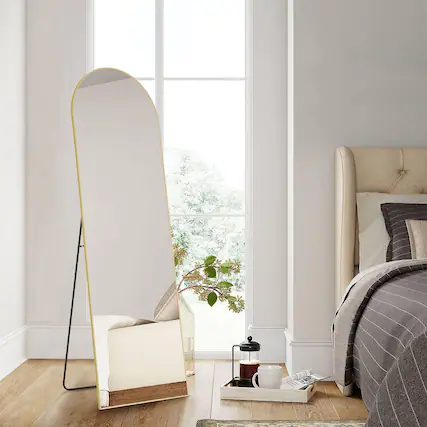 Front. PexFix - 64 in. Full Length Floor Mirror, Thin Aluminum Alloy Frame, Wall Mount or Stand for Bedroom, Living Room, Entryway - Gold.