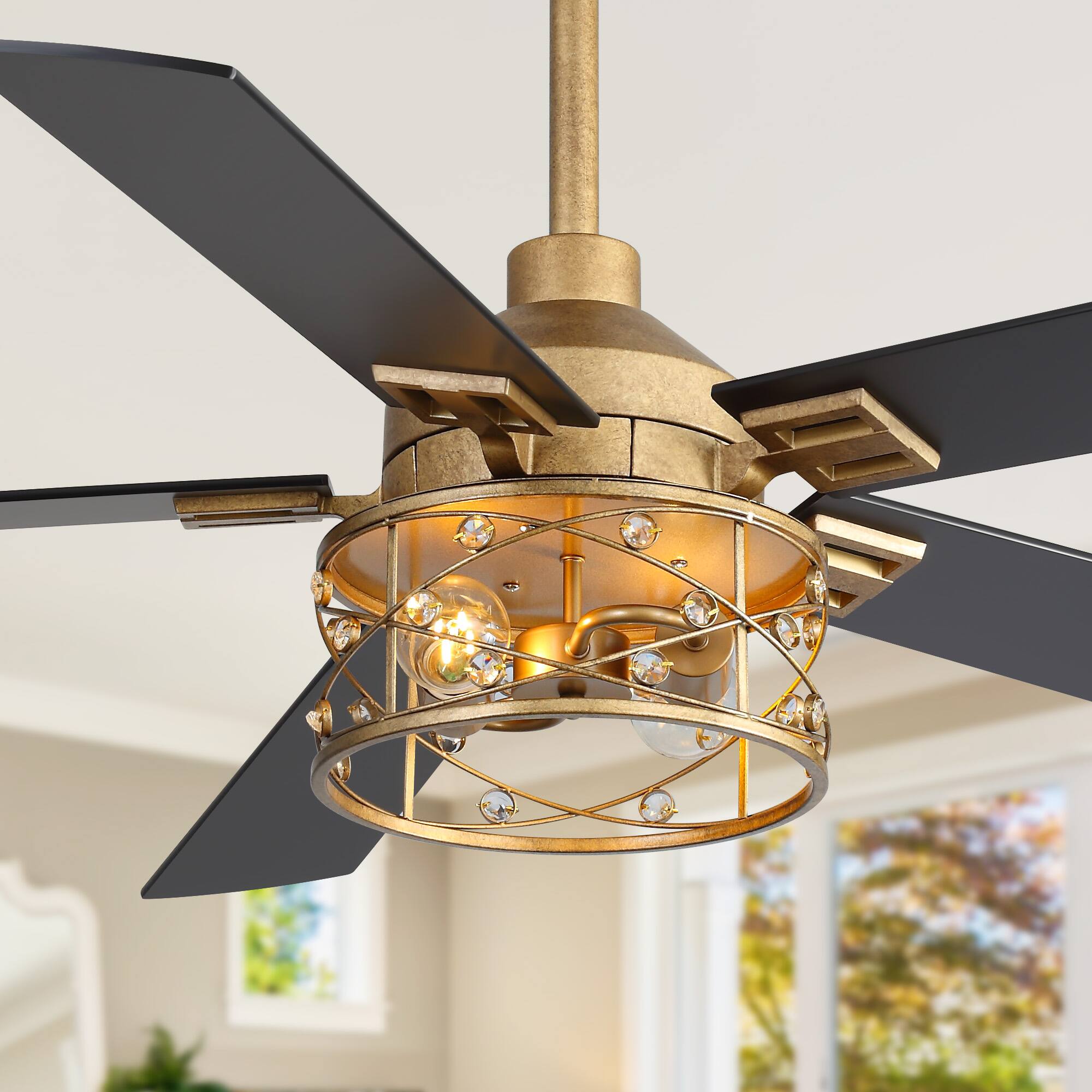 Angle. Breezary - 52-In Ceiling Fan with Crystal Light Fixture, 5 Reversible Plywood Blades, DC Motor, Remote Control, Includes 2 Downrods - black and golden.