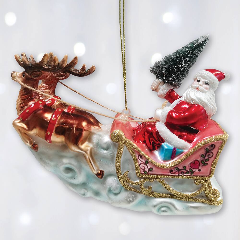 Left. OrnamentallyYou - Santa Sleigh and Reindeer Elegant Christmas Ornament Holiday Blown Glass Figurine - Multi-colored.