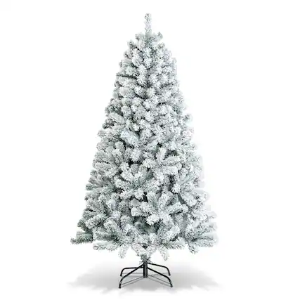 Front. Costway - 6ft Snow Flocked Hinged Artificial Christmas Tree Unlit Metal - Green/White.