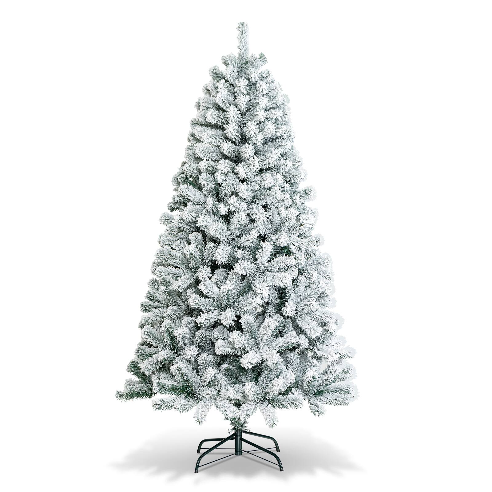 Costway - 6ft Snow Flocked Hinged Artificial Christmas Tree Unlit Metal - Green/White