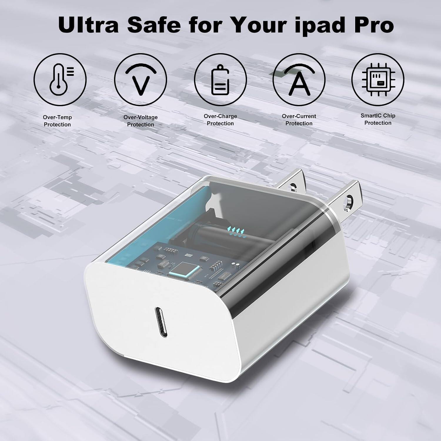 Ultra Safe for Your iPad Pro

- Over-Temp Protection
- Over-Voltage Protection
- Over-Charge Protection
- Over-Current Protection
- SmartIC Chip Protection
