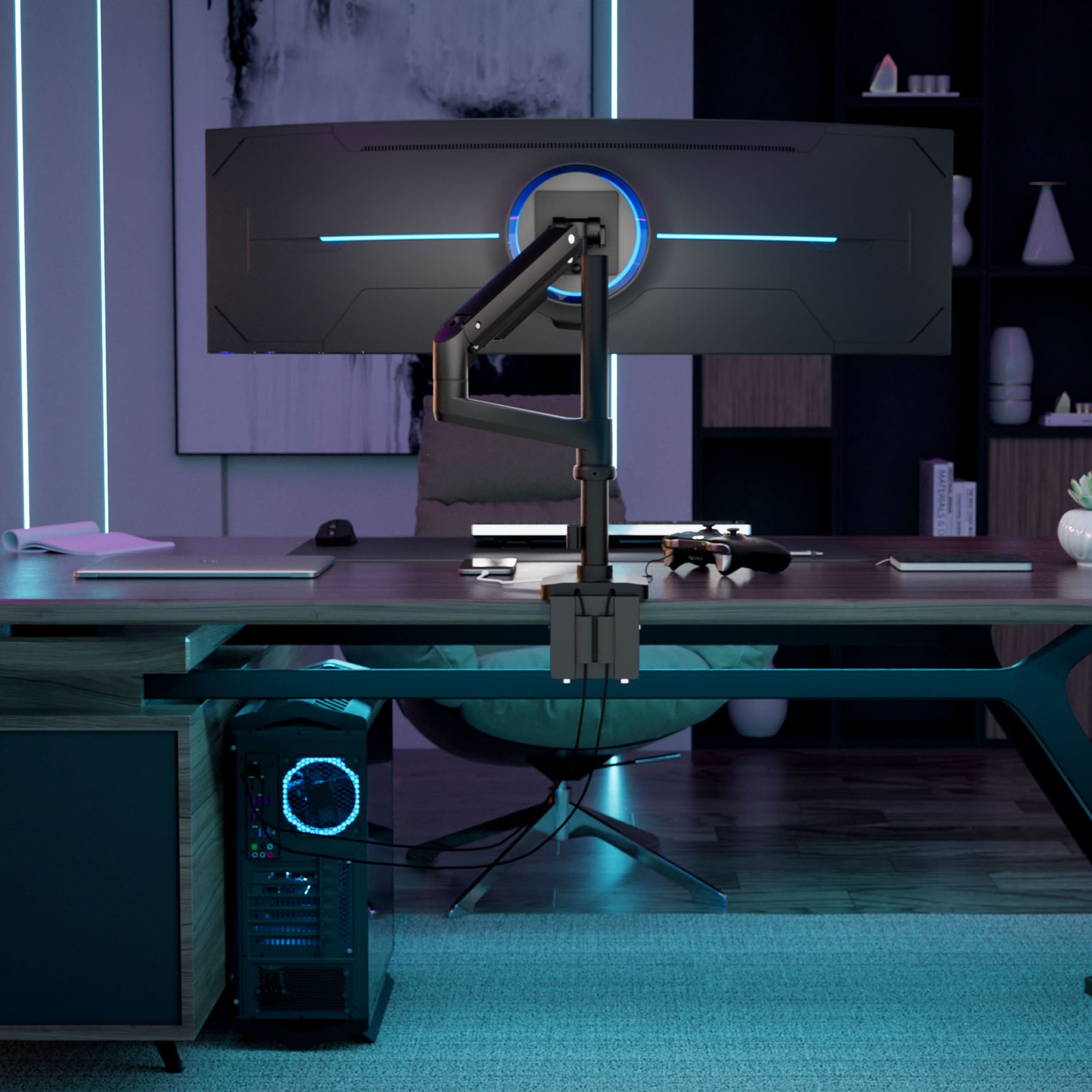 Left. Mount-It! - Heavy‑Duty Full Motion Monitor Desk Mount with Pole & Gas Spring for Monitors up to 49″, Black - Black.