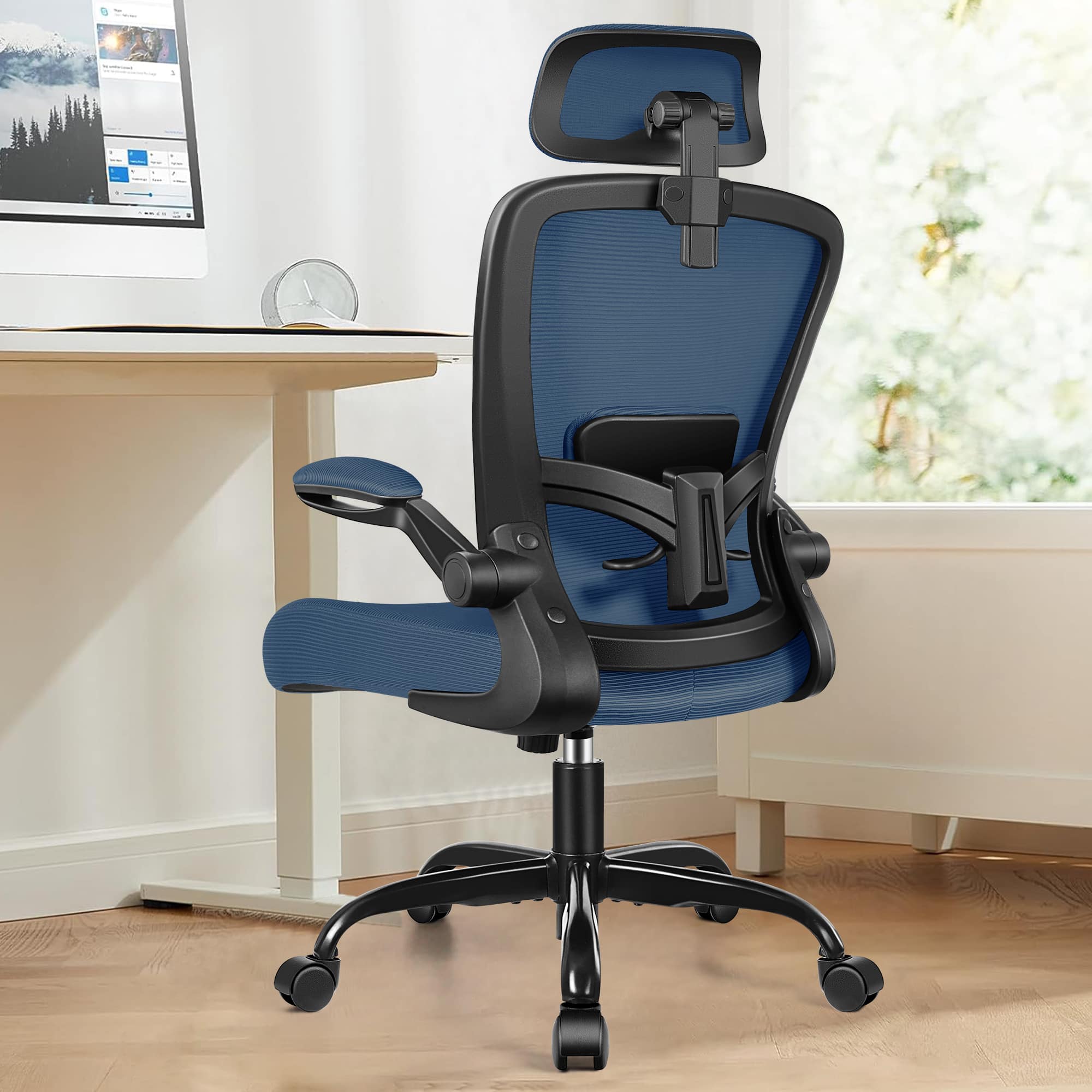 Brick Attic - Ergonomic Desk Chair Breathable Mesh Task Chair with Headrest High Back Computer Chair 3D Adjustable Armrests - Blue