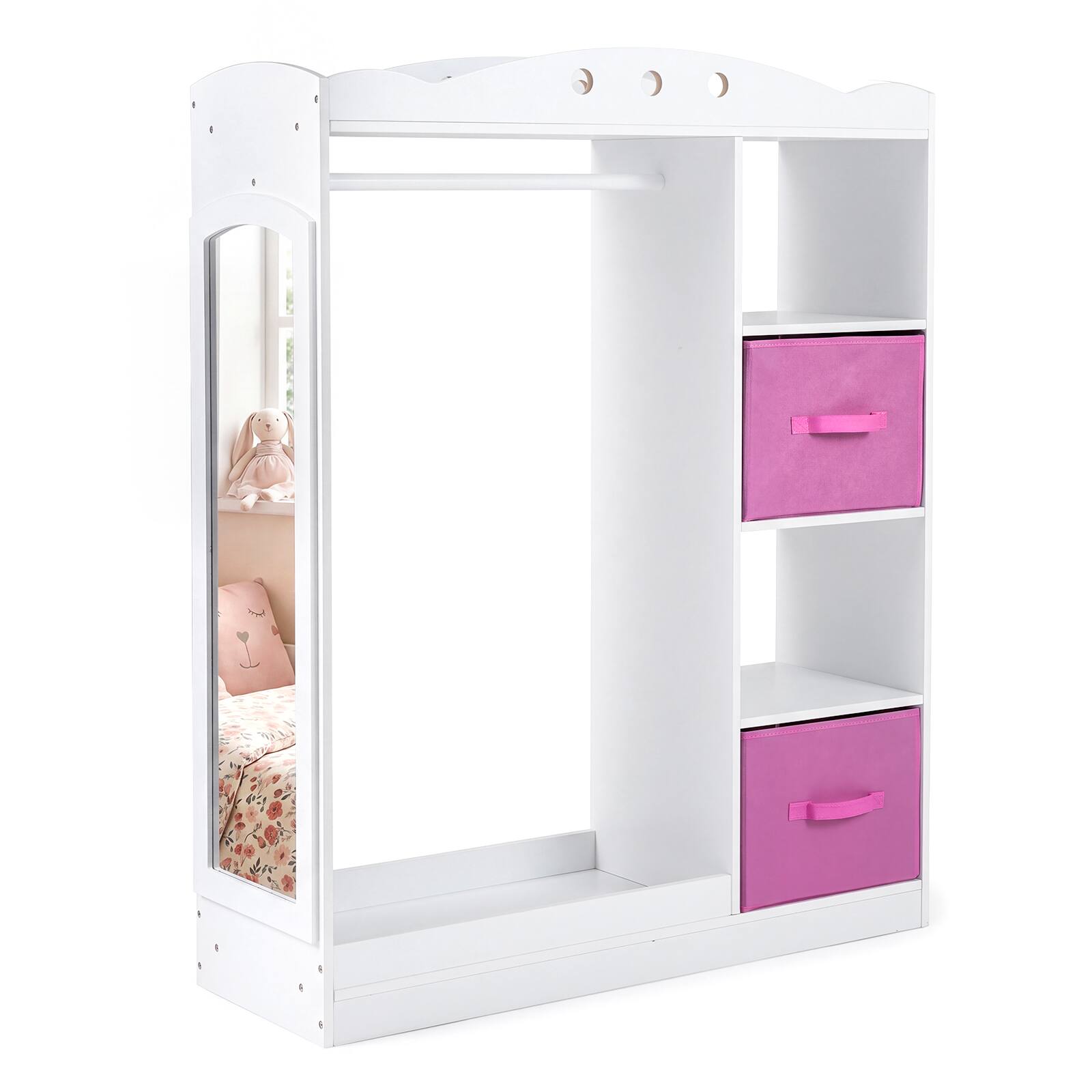 Alt View 9. Costway - Costway Kids Dress Up Storage with Full Length Mirror, Open Shelves, Hanging Rod & Drawers - White.