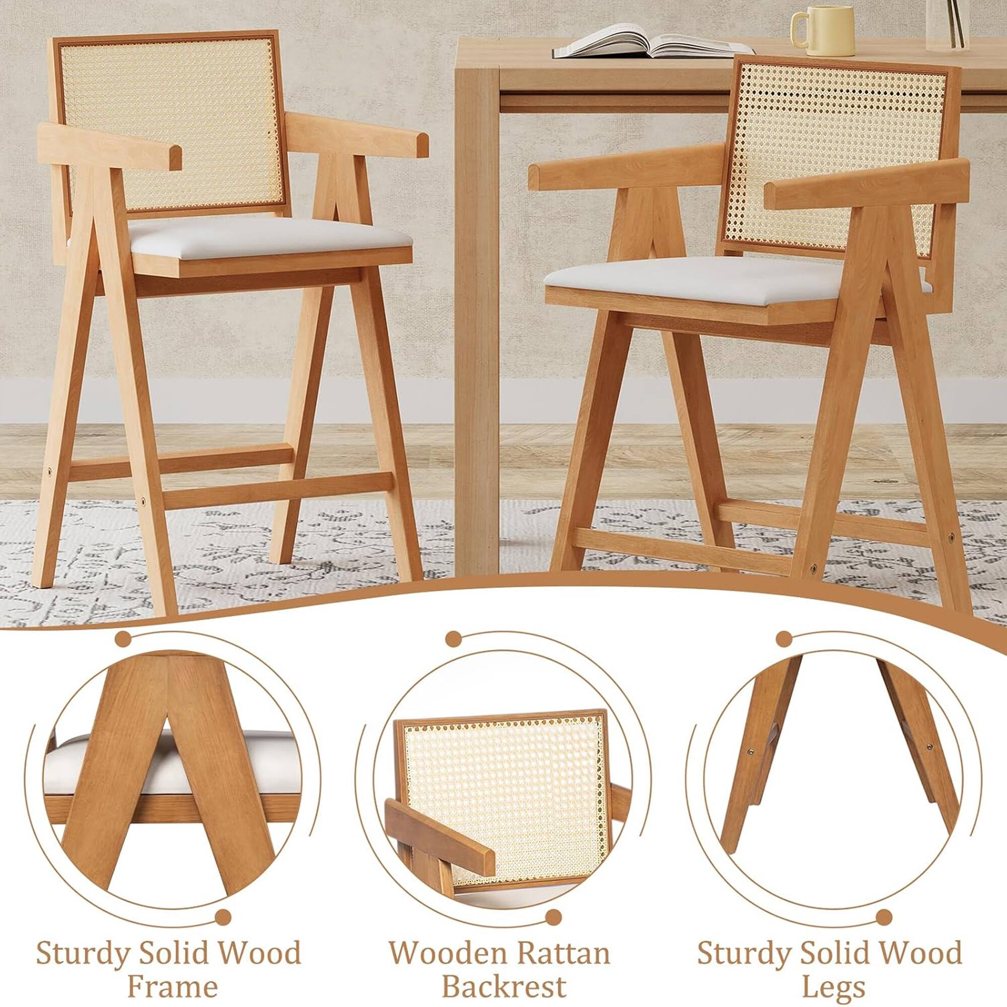 Sturdy Solid Wood Frame  
Wooden Rattan Backrest  
Sturdy Solid Wood Legs