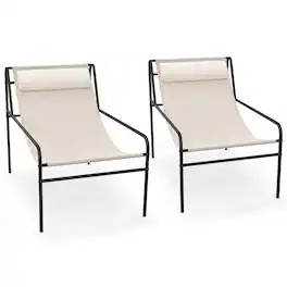 Costway - 2PCS Patio Sling Lounge Chair with Removable Headrest Pillow Breathable Seat Porch - Beige
