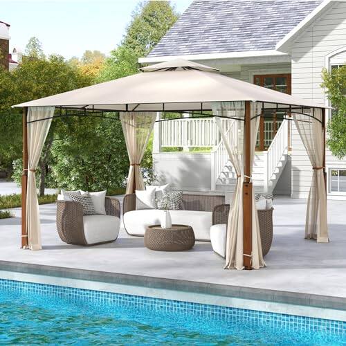Alt View 1. Ecooso - 12 x 10 Feet Outdoor Patio Gazebo with Netting and 2-Tier Canopy Roof - Beige.